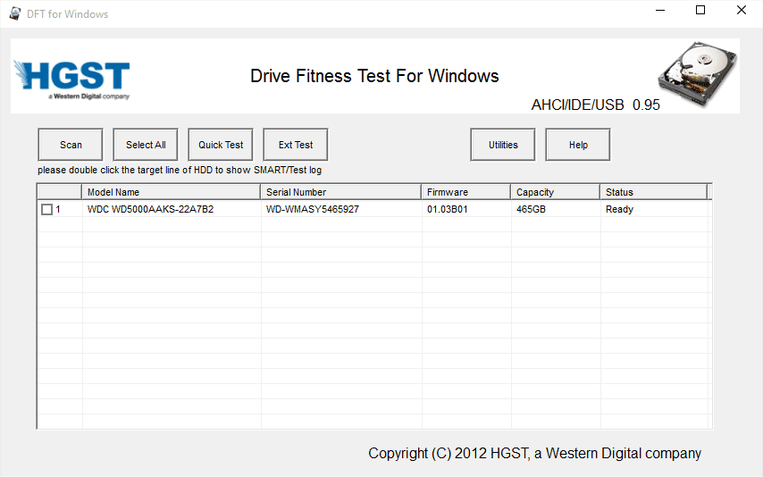 Скриншот: Интерфейс утилиты Hitachi Drive Fitness Test