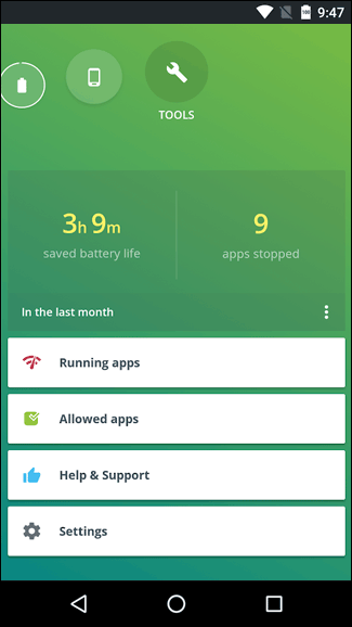 Скриншот: Отличительная особенность приложения Greenify – наличие режимов, экстремально снижающих расход батареи. Например,