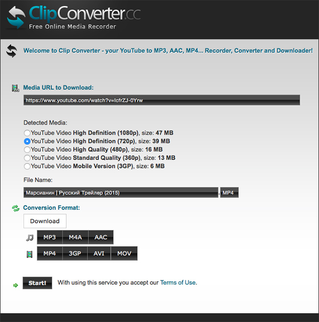 Иллюстрация: Clip Converter – скачиваем музыку с Ютуба, конвертируя в m4a, mp3, aac на лету