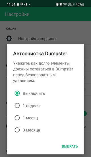 Скриншот: Настройка функции автоочистки Корзины
