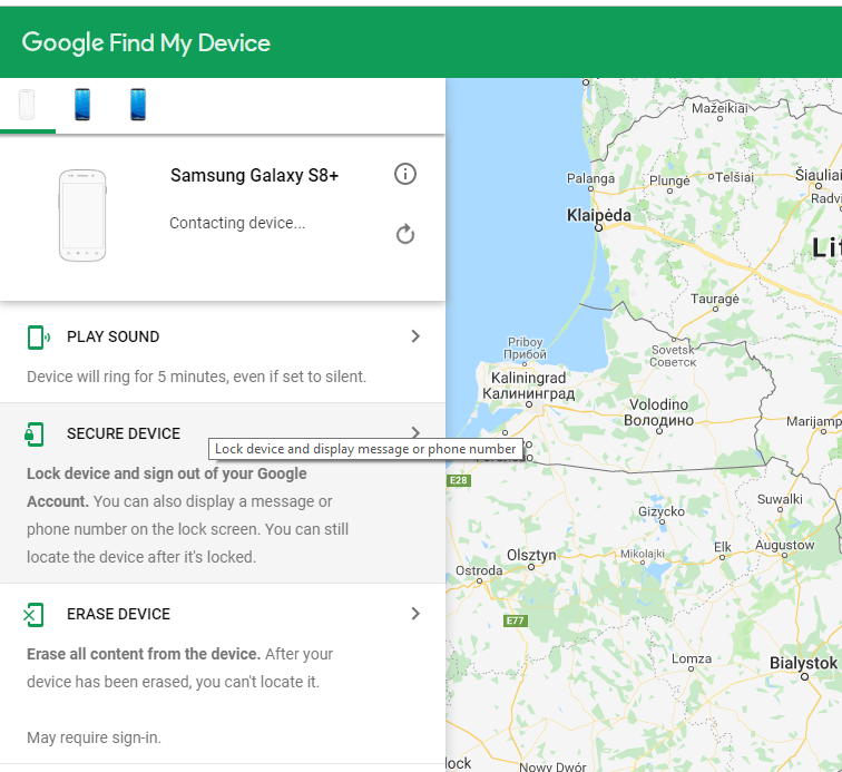 Интерфейс Google Find My Device с картой местоположения