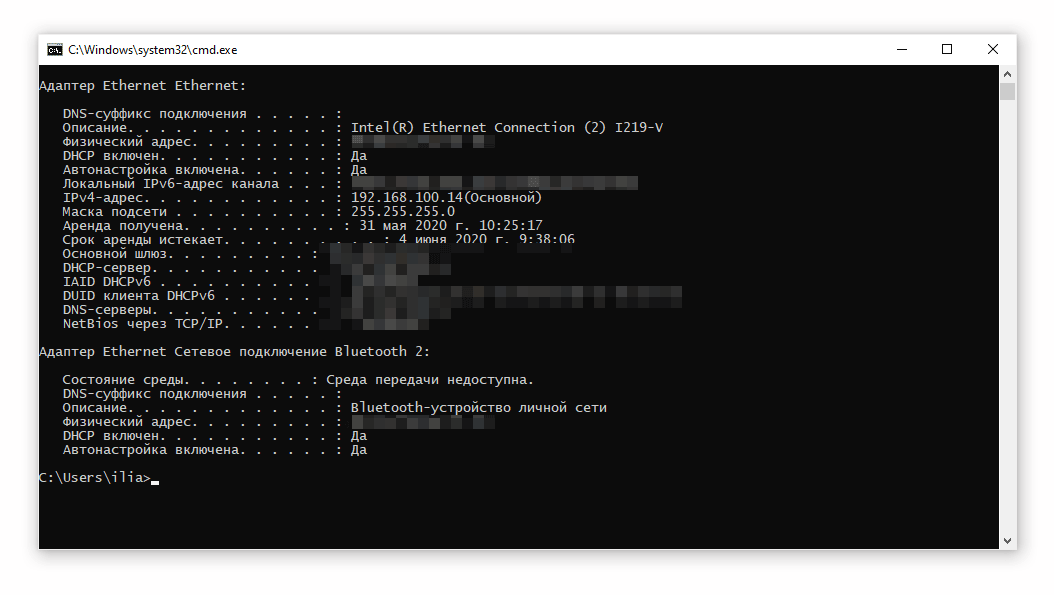 Скриншот: Введите ipconfig/all в появившейся командной строке, нажмите enter для подтверждения