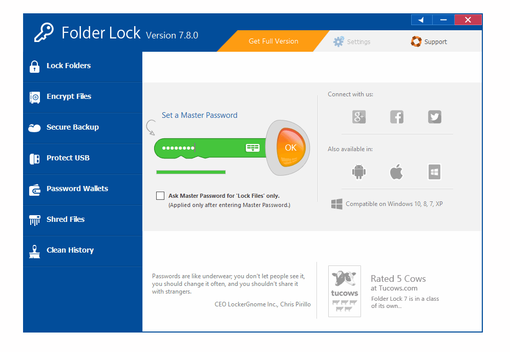 Скриншот: Приложение PasswordProtect свободно для скачивания по ссылке и совместимо с современными версиями Windows