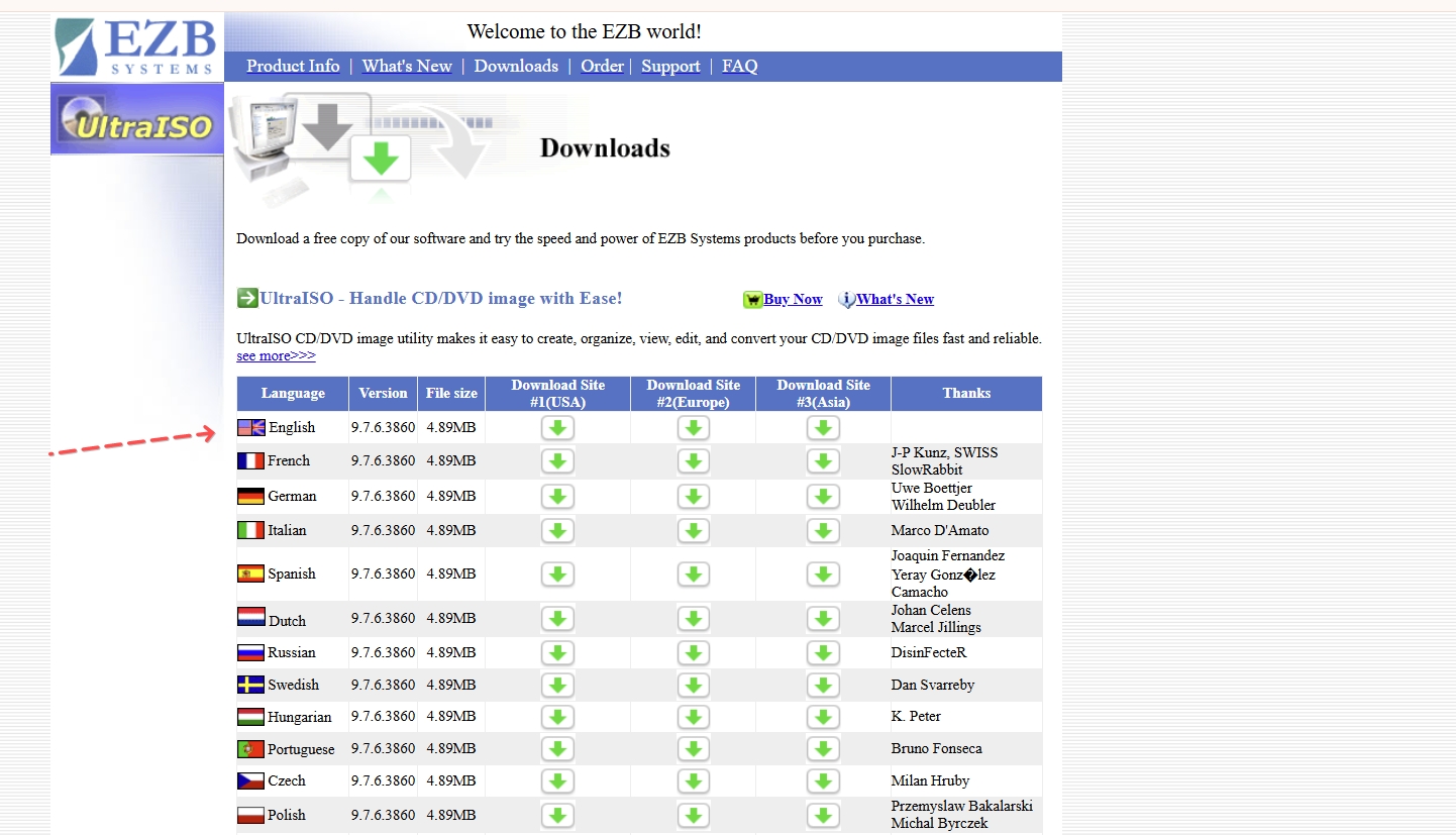 UltraISO downloads page with the English version highlighted