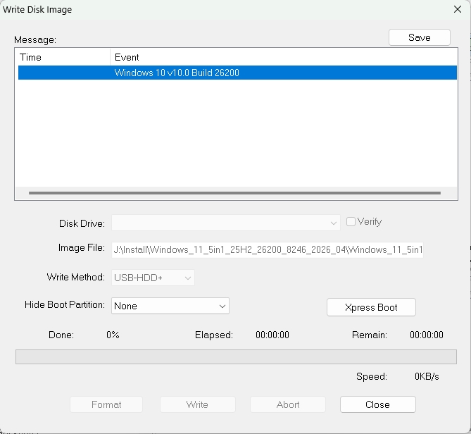 UltraISO Write Disk Image dialog showing a selected Windows ISO and USB-HDD+ write method