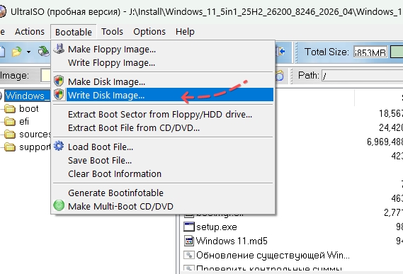 UltraISO Bootable menu with Write Disk Image selected